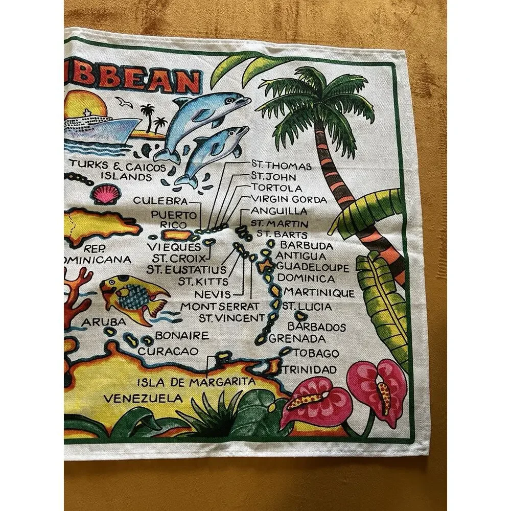 Caribbean Map Souvenir Tea Towel 100% Cotton Tropical Islands Parrot Dolphins